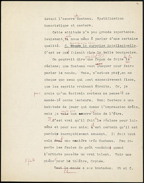[16 Manuscripts, Typescripts, and Carbon Copies of Personal Essays Submitted as Homework Assignments in French for "Cours de Civilisation Française" at Collège de France, Paris], Walker Evans (American, St. Louis, Missouri 1903–1975 New Haven, Connecticut), Pencil/ink on paper