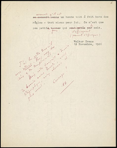 [16 Manuscripts, Typescripts, and Carbon Copies of Personal Essays Submitted as Homework Assignments in French for "Cours de Civilisation Française" at Collège de France, Paris], Walker Evans (American, St. Louis, Missouri 1903–1975 New Haven, Connecticut), Pencil/ink on paper