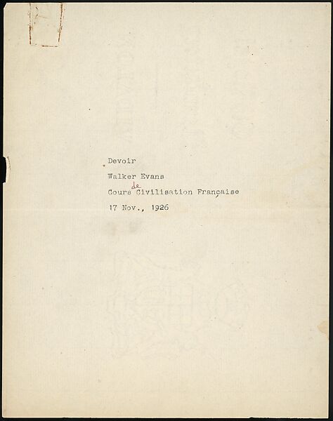 [16 Manuscripts, Typescripts, and Carbon Copies of Personal Essays Submitted as Homework Assignments in French for "Cours de Civilisation Française" at Collège de France, Paris], Walker Evans (American, St. Louis, Missouri 1903–1975 New Haven, Connecticut), Pencil/ink on paper