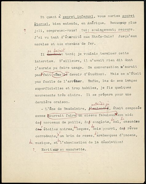 [16 Manuscripts, Typescripts, and Carbon Copies of Personal Essays Submitted as Homework Assignments in French for "Cours de Civilisation Française" at Collège de France, Paris], Walker Evans (American, St. Louis, Missouri 1903–1975 New Haven, Connecticut), Pencil/ink on paper