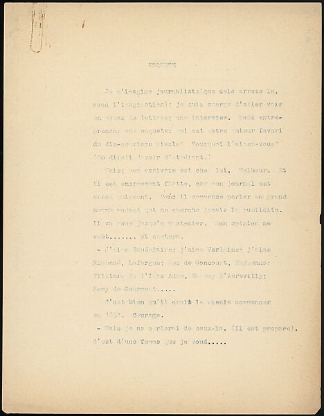 [16 Manuscripts, Typescripts, and Carbon Copies of Personal Essays Submitted as Homework Assignments in French for "Cours de Civilisation Française" at Collège de France, Paris], Walker Evans (American, St. Louis, Missouri 1903–1975 New Haven, Connecticut), Pencil/ink on paper