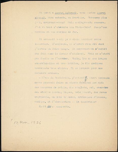 [16 Manuscripts, Typescripts, and Carbon Copies of Personal Essays Submitted as Homework Assignments in French for "Cours de Civilisation Française" at Collège de France, Paris], Walker Evans (American, St. Louis, Missouri 1903–1975 New Haven, Connecticut), Pencil/ink on paper