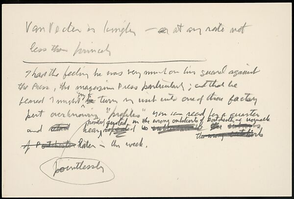 [73 Manuscripts, Typescripts, Carbons From the 1960s-70s: Van Vechten Portrait Session, Lyric Documentary Project, Yale Lecture Notes, Sale of Agee Manuscripts, MFA and Yale Exhibitions, Caroline Freud, and Personal Writing], Walker Evans (American, St. Louis, Missouri 1903–1975 New Haven, Connecticut), Pencil/ink on paper