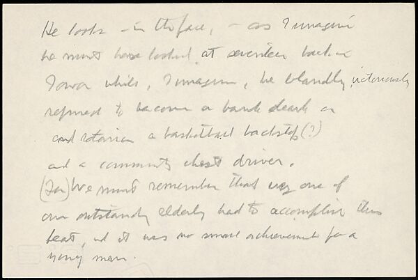 [73 Manuscripts, Typescripts, Carbons From the 1960s-70s: Van Vechten Portrait Session, Lyric Documentary Project, Yale Lecture Notes, Sale of Agee Manuscripts, MFA and Yale Exhibitions, Caroline Freud, and Personal Writing], Walker Evans (American, St. Louis, Missouri 1903–1975 New Haven, Connecticut), Pencil/ink on paper