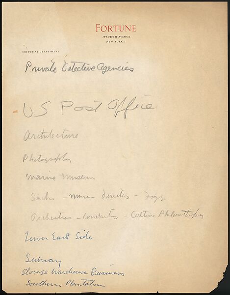 [73 Manuscripts, Typescripts, Carbons From the 1960s-70s: Van Vechten Portrait Session, Lyric Documentary Project, Yale Lecture Notes, Sale of Agee Manuscripts, MFA and Yale Exhibitions, Caroline Freud, and Personal Writing], Walker Evans (American, St. Louis, Missouri 1903–1975 New Haven, Connecticut), Pencil/ink on paper