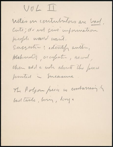 [73 Manuscripts, Typescripts, Carbons From the 1960s-70s: Van Vechten Portrait Session, Lyric Documentary Project, Yale Lecture Notes, Sale of Agee Manuscripts, MFA and Yale Exhibitions, Caroline Freud, and Personal Writing], Walker Evans (American, St. Louis, Missouri 1903–1975 New Haven, Connecticut), Pencil/ink on paper