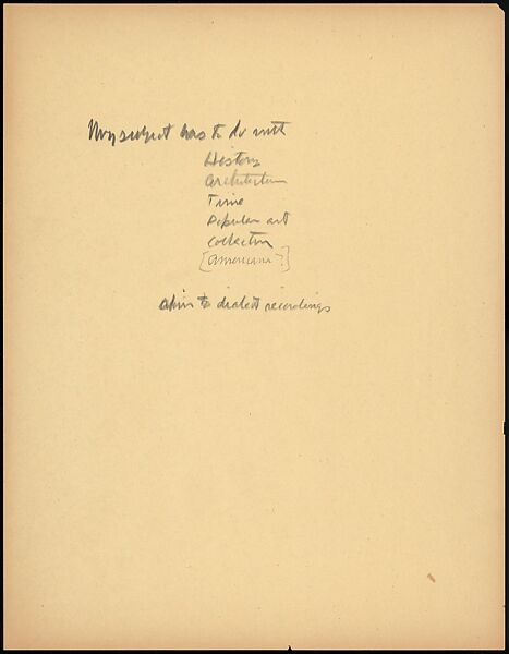 [73 Manuscripts, Typescripts, Carbons From the 1960s-70s: Van Vechten Portrait Session, Lyric Documentary Project, Yale Lecture Notes, Sale of Agee Manuscripts, MFA and Yale Exhibitions, Caroline Freud, and Personal Writing], Walker Evans (American, St. Louis, Missouri 1903–1975 New Haven, Connecticut), Pencil/ink on paper