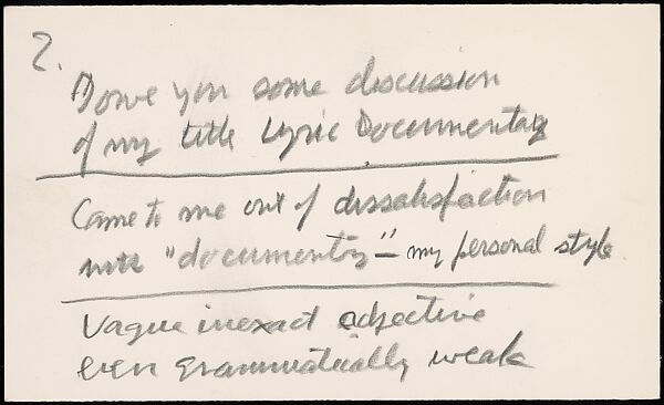 [73 Manuscripts, Typescripts, Carbons From the 1960s-70s: Van Vechten Portrait Session, Lyric Documentary Project, Yale Lecture Notes, Sale of Agee Manuscripts, MFA and Yale Exhibitions, Caroline Freud, and Personal Writing], Walker Evans (American, St. Louis, Missouri 1903–1975 New Haven, Connecticut), Pencil/ink on paper
