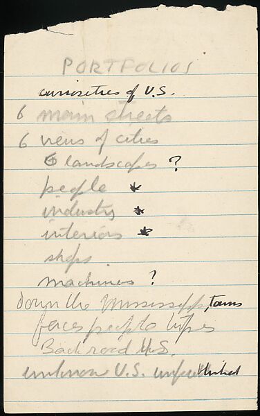 [73 Manuscripts, Typescripts, Carbons From the 1960s-70s: Van Vechten Portrait Session, Lyric Documentary Project, Yale Lecture Notes, Sale of Agee Manuscripts, MFA and Yale Exhibitions, Caroline Freud, and Personal Writing], Walker Evans (American, St. Louis, Missouri 1903–1975 New Haven, Connecticut), Pencil/ink on paper