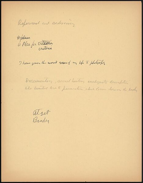[73 Manuscripts, Typescripts, Carbons From the 1960s-70s: Van Vechten Portrait Session, Lyric Documentary Project, Yale Lecture Notes, Sale of Agee Manuscripts, MFA and Yale Exhibitions, Caroline Freud, and Personal Writing], Walker Evans (American, St. Louis, Missouri 1903–1975 New Haven, Connecticut), Pencil/ink on paper