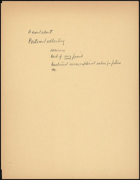 [73 Manuscripts, Typescripts, Carbons From the 1960s-70s: Van Vechten Portrait Session, Lyric Documentary Project, Yale Lecture Notes, Sale of Agee Manuscripts, MFA and Yale Exhibitions, Caroline Freud, and Personal Writing], Walker Evans (American, St. Louis, Missouri 1903–1975 New Haven, Connecticut), Pencil/ink on paper