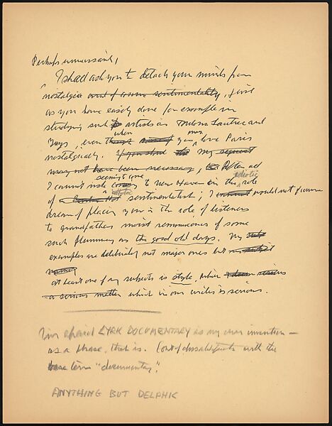 [73 Manuscripts, Typescripts, Carbons From the 1960s-70s: Van Vechten Portrait Session, Lyric Documentary Project, Yale Lecture Notes, Sale of Agee Manuscripts, MFA and Yale Exhibitions, Caroline Freud, and Personal Writing], Walker Evans (American, St. Louis, Missouri 1903–1975 New Haven, Connecticut), Pencil/ink on paper