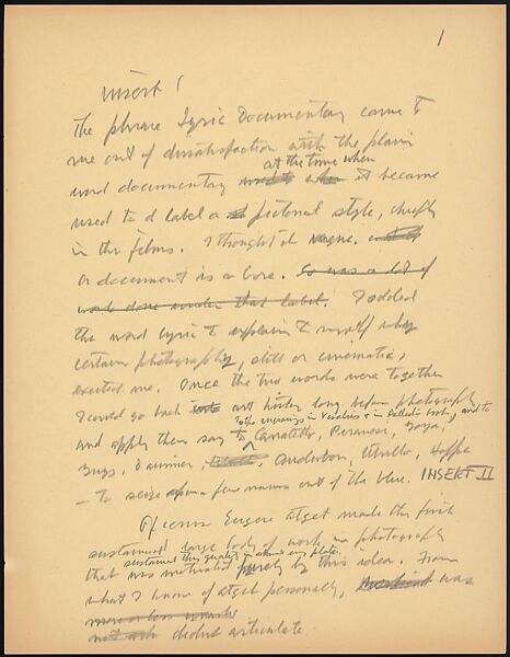 [73 Manuscripts, Typescripts, Carbons From the 1960s-70s: Van Vechten Portrait Session, Lyric Documentary Project, Yale Lecture Notes, Sale of Agee Manuscripts, MFA and Yale Exhibitions, Caroline Freud, and Personal Writing], Walker Evans (American, St. Louis, Missouri 1903–1975 New Haven, Connecticut), Pencil/ink on paper