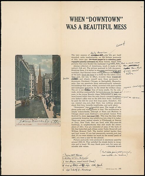 [73 Manuscripts, Typescripts, Carbons From the 1960s-70s: Van Vechten Portrait Session, Lyric Documentary Project, Yale Lecture Notes, Sale of Agee Manuscripts, MFA and Yale Exhibitions, Caroline Freud, and Personal Writing], Walker Evans (American, St. Louis, Missouri 1903–1975 New Haven, Connecticut), Pencil/ink on paper
