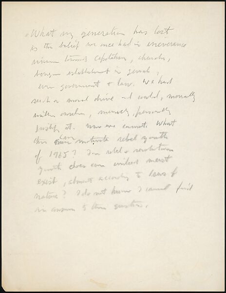 [73 Manuscripts, Typescripts, Carbons From the 1960s-70s: Van Vechten Portrait Session, Lyric Documentary Project, Yale Lecture Notes, Sale of Agee Manuscripts, MFA and Yale Exhibitions, Caroline Freud, and Personal Writing], Walker Evans (American, St. Louis, Missouri 1903–1975 New Haven, Connecticut), Pencil/ink on paper