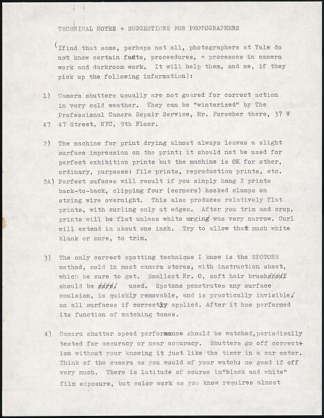[73 Manuscripts, Typescripts, Carbons From the 1960s-70s: Van Vechten Portrait Session, Lyric Documentary Project, Yale Lecture Notes, Sale of Agee Manuscripts, MFA and Yale Exhibitions, Caroline Freud, and Personal Writing], Walker Evans (American, St. Louis, Missouri 1903–1975 New Haven, Connecticut), Pencil/ink on paper