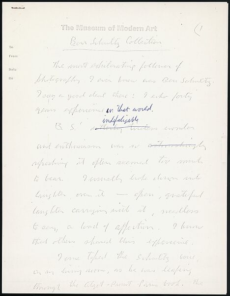 [73 Manuscripts, Typescripts, Carbons From the 1960s-70s: Van Vechten Portrait Session, Lyric Documentary Project, Yale Lecture Notes, Sale of Agee Manuscripts, MFA and Yale Exhibitions, Caroline Freud, and Personal Writing], Walker Evans (American, St. Louis, Missouri 1903–1975 New Haven, Connecticut), Pencil/ink on paper
