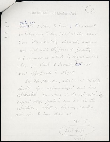 [73 Manuscripts, Typescripts, Carbons From the 1960s-70s: Van Vechten Portrait Session, Lyric Documentary Project, Yale Lecture Notes, Sale of Agee Manuscripts, MFA and Yale Exhibitions, Caroline Freud, and Personal Writing], Walker Evans (American, St. Louis, Missouri 1903–1975 New Haven, Connecticut), Pencil/ink on paper