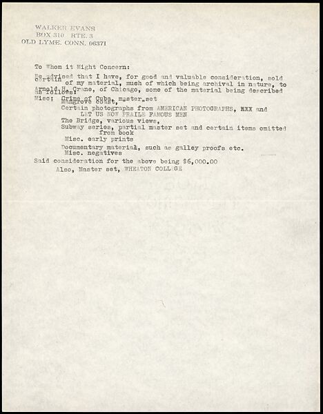 [73 Manuscripts, Typescripts, Carbons From the 1960s-70s: Van Vechten Portrait Session, Lyric Documentary Project, Yale Lecture Notes, Sale of Agee Manuscripts, MFA and Yale Exhibitions, Caroline Freud, and Personal Writing], Walker Evans (American, St. Louis, Missouri 1903–1975 New Haven, Connecticut), Pencil/ink on paper