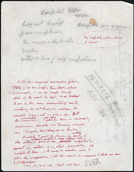 [73 Manuscripts, Typescripts, Carbons From the 1960s-70s: Van Vechten Portrait Session, Lyric Documentary Project, Yale Lecture Notes, Sale of Agee Manuscripts, MFA and Yale Exhibitions, Caroline Freud, and Personal Writing], Walker Evans (American, St. Louis, Missouri 1903–1975 New Haven, Connecticut), Pencil/ink on paper