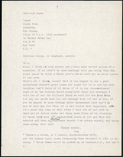 [73 Manuscripts, Typescripts, Carbons From the 1960s-70s: Van Vechten Portrait Session, Lyric Documentary Project, Yale Lecture Notes, Sale of Agee Manuscripts, MFA and Yale Exhibitions, Caroline Freud, and Personal Writing], Walker Evans (American, St. Louis, Missouri 1903–1975 New Haven, Connecticut), Pencil/ink on paper