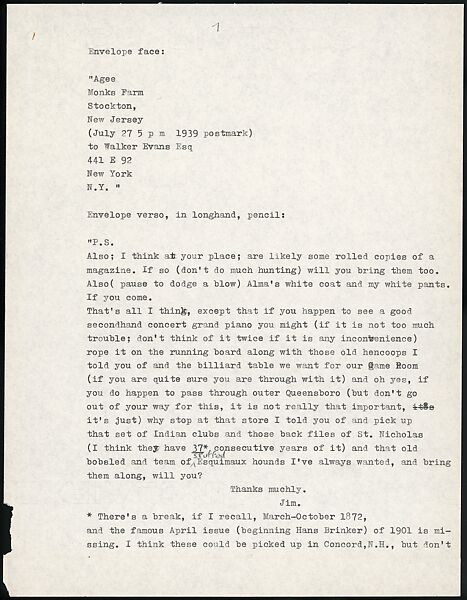 [73 Manuscripts, Typescripts, Carbons From the 1960s-70s: Van Vechten Portrait Session, Lyric Documentary Project, Yale Lecture Notes, Sale of Agee Manuscripts, MFA and Yale Exhibitions, Caroline Freud, and Personal Writing], Walker Evans (American, St. Louis, Missouri 1903–1975 New Haven, Connecticut), Pencil/ink on paper