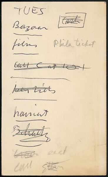 [73 Manuscripts, Typescripts, Carbons From the 1960s-70s: Van Vechten Portrait Session, Lyric Documentary Project, Yale Lecture Notes, Sale of Agee Manuscripts, MFA and Yale Exhibitions, Caroline Freud, and Personal Writing], Walker Evans (American, St. Louis, Missouri 1903–1975 New Haven, Connecticut), Pencil/ink on paper