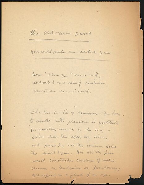 [73 Manuscripts, Typescripts, Carbons From the 1960s-70s: Van Vechten Portrait Session, Lyric Documentary Project, Yale Lecture Notes, Sale of Agee Manuscripts, MFA and Yale Exhibitions, Caroline Freud, and Personal Writing], Walker Evans (American, St. Louis, Missouri 1903–1975 New Haven, Connecticut), Pencil/ink on paper