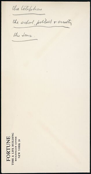 [73 Manuscripts, Typescripts, Carbons From the 1960s-70s: Van Vechten Portrait Session, Lyric Documentary Project, Yale Lecture Notes, Sale of Agee Manuscripts, MFA and Yale Exhibitions, Caroline Freud, and Personal Writing], Walker Evans (American, St. Louis, Missouri 1903–1975 New Haven, Connecticut), Pencil/ink on paper