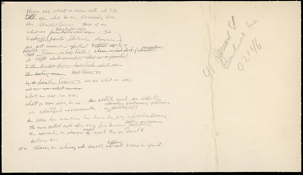 [73 Manuscripts, Typescripts, Carbons From the 1960s-70s: Van Vechten Portrait Session, Lyric Documentary Project, Yale Lecture Notes, Sale of Agee Manuscripts, MFA and Yale Exhibitions, Caroline Freud, and Personal Writing], Walker Evans (American, St. Louis, Missouri 1903–1975 New Haven, Connecticut), Pencil/ink on paper