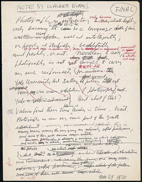 [73 Manuscripts, Typescripts, Carbons From the 1960s-70s: Van Vechten Portrait Session, Lyric Documentary Project, Yale Lecture Notes, Sale of Agee Manuscripts, MFA and Yale Exhibitions, Caroline Freud, and Personal Writing], Walker Evans (American, St. Louis, Missouri 1903–1975 New Haven, Connecticut), Pencil/ink on paper