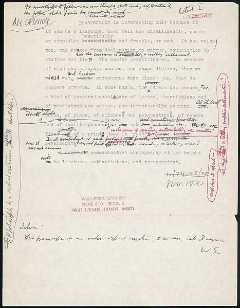 [73 Manuscripts, Typescripts, Carbons From the 1960s-70s: Van Vechten Portrait Session, Lyric Documentary Project, Yale Lecture Notes, Sale of Agee Manuscripts, MFA and Yale Exhibitions, Caroline Freud, and Personal Writing], Walker Evans (American, St. Louis, Missouri 1903–1975 New Haven, Connecticut), Pencil/ink on paper