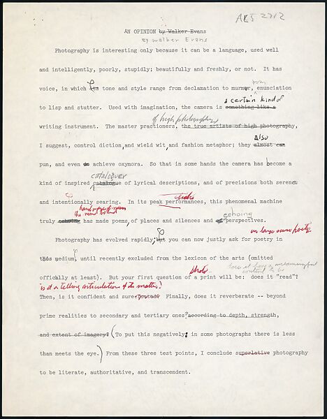 [73 Manuscripts, Typescripts, Carbons From the 1960s-70s: Van Vechten Portrait Session, Lyric Documentary Project, Yale Lecture Notes, Sale of Agee Manuscripts, MFA and Yale Exhibitions, Caroline Freud, and Personal Writing], Walker Evans (American, St. Louis, Missouri 1903–1975 New Haven, Connecticut), Pencil/ink on paper