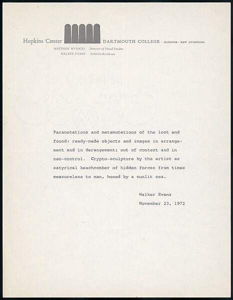 [73 Manuscripts, Typescripts, Carbons From the 1960s-70s: Van Vechten Portrait Session, Lyric Documentary Project, Yale Lecture Notes, Sale of Agee Manuscripts, MFA and Yale Exhibitions, Caroline Freud, and Personal Writing], Walker Evans (American, St. Louis, Missouri 1903–1975 New Haven, Connecticut), Pencil/ink on paper