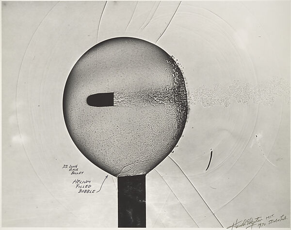 [Bullet Passing Through Helium-Filled Soap Bubble], Harold Edgerton (American, 1903–1990), Gelatin silver print 