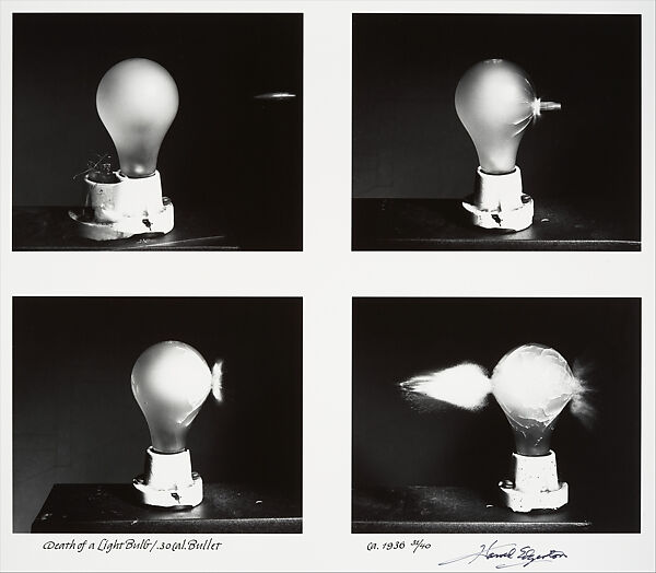 Death of a Light Bulb/.30cal. Bullet, Harold Edgerton (American, 1903–1990), Gelatin silver print 