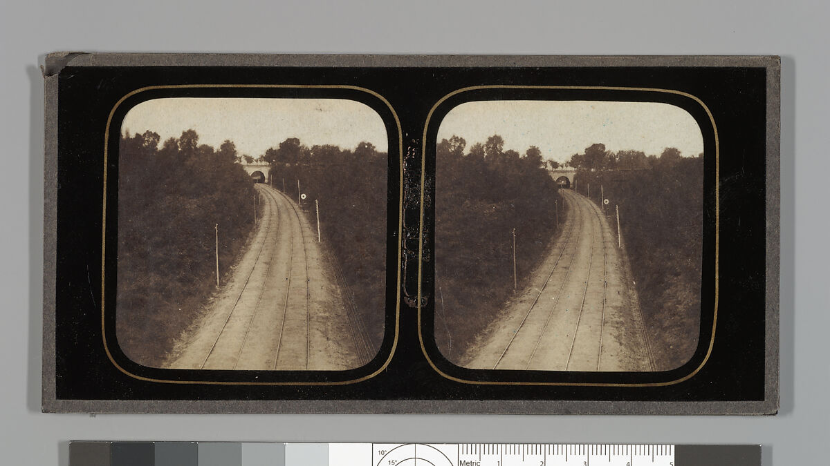 [Stereographic View of Paris-Lyon Railroad Tracks with "Ghost" Train Visible When Viewed by Transmitted Light], Unknown (French), Albumen silver print with applied color 
