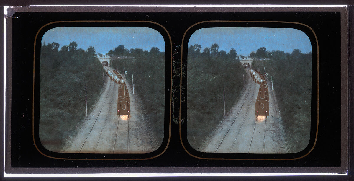 [Stereographic View of Paris-Lyon Railroad Tracks with "Ghost" Train Visible When Viewed by Transmitted Light], Unknown (French), Albumen silver print with applied color