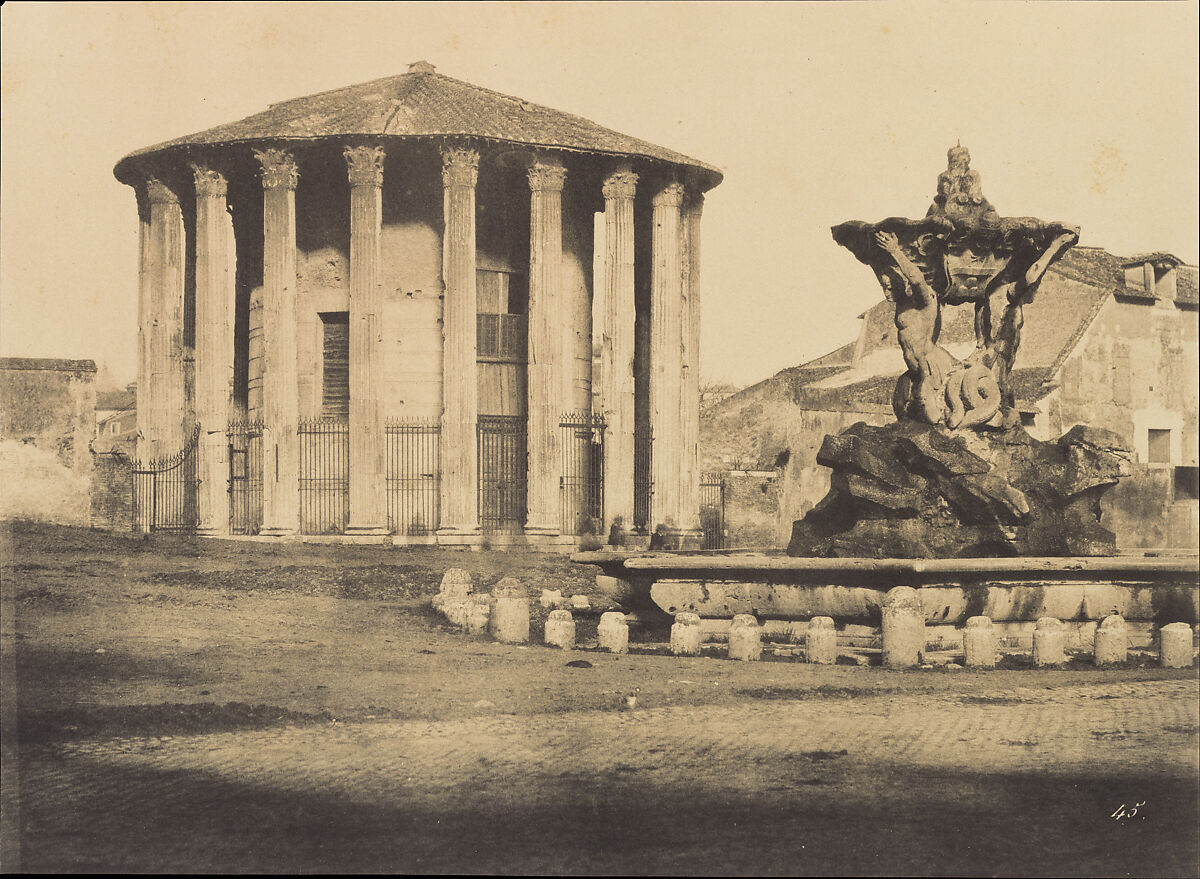 Temple of Vesta and Fountain, Piazza Bocca della Verita, Attributed to Firmin-Eugène Le Dien (French, 1817–1865), Salted paper print from paper negative 