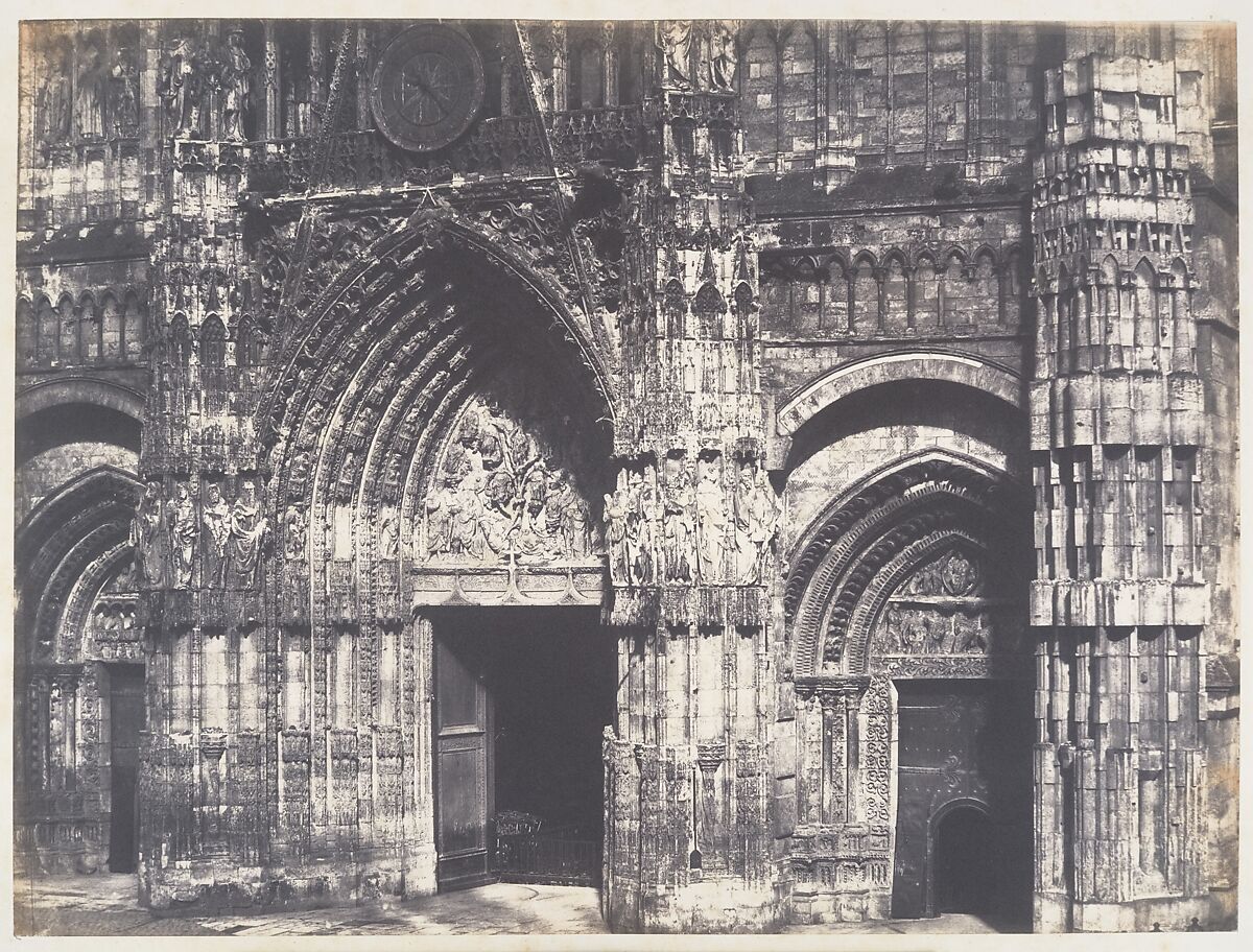 Bas du Portail, Côté de la Place, Cathédrale de Rouen, Edmond Bacot (French, 1814–1875), Salted paper print from glass negative 