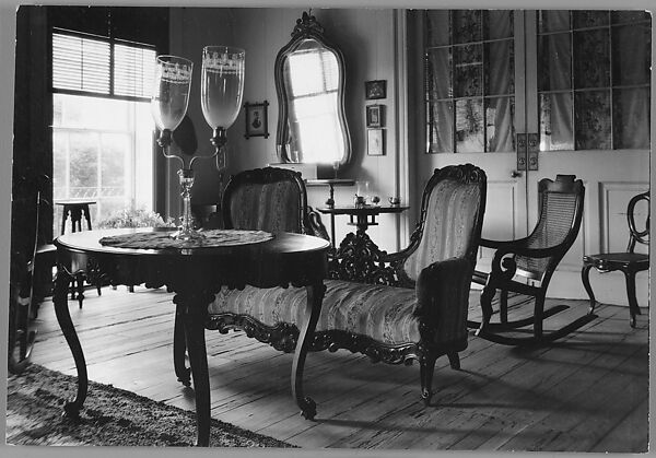 [Domestic Interior with Table, Loveseat, and Rocking Chair], Nancy Naumburg (American), Gelatin silver print 