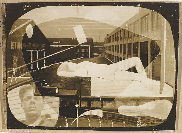 [Waterfront Scene with Collaged Elements: Reclining Woman, Self-Portrait]
