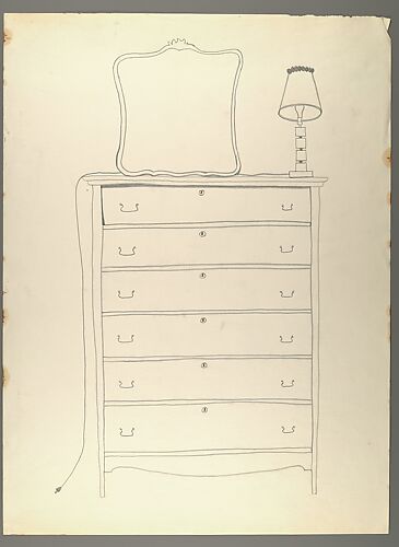 [Line Drawing of Dresser with Mirror and Lamp]