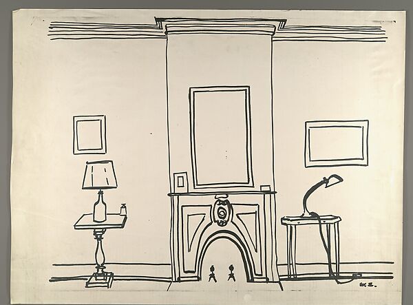 [Photocopy of Line Drawing of Interior with Fireplace]
