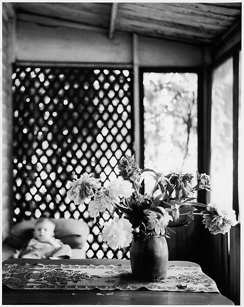 [Vase of Flowers on Table, Blurred View of Boy in Background], Ralph Eugene Meatyard (American, 1925–1972), Gelatin silver print 