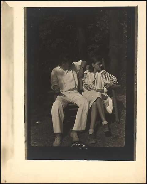 [Paul and Dorothy Grotz Seated Outdoors on Wooden Bench, Probably Darien, Connecticut], Walker Evans (American, St. Louis, Missouri 1903–1975 New Haven, Connecticut), Gelatin silver print 