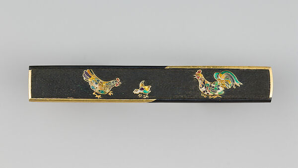 Knife Handle (Kozuka), Copper-gold alloy (shakudō), enameled cloisonné (shippō), gold, Japanese 