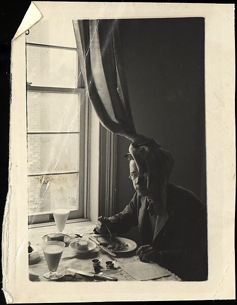 [Walker Evans Seated at Breakfast Table, Curtain Draped on Head, New York City], Helen Levitt (American, 1913–2009), Gelatin silver print 
