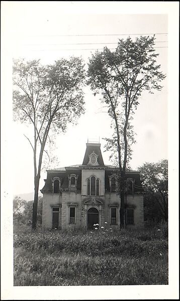 [Brick Second Empire House, Behind Two Trees], Walker Evans (American, St. Louis, Missouri 1903–1975 New Haven, Connecticut), Gelatin silver print 