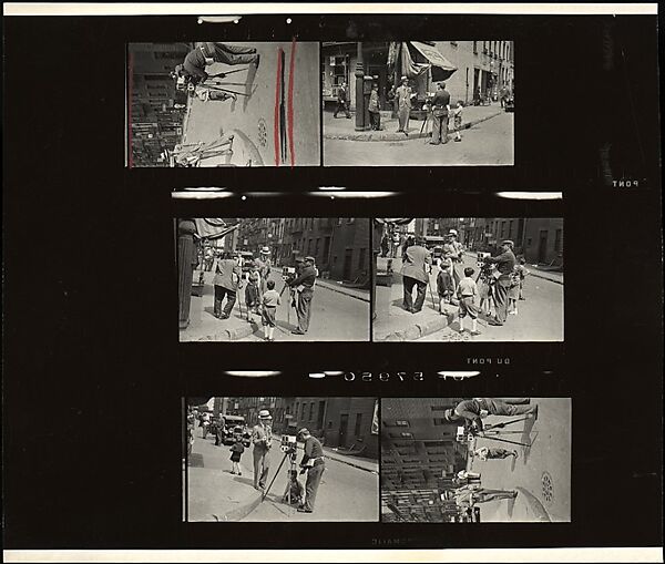 [Contact Sheet of Six 35mm Negatives: Tintype Photographer at Work, Probably Greenwich Village, New York City], Walker Evans (American, St. Louis, Missouri 1903–1975 New Haven, Connecticut), Gelatin silver print 